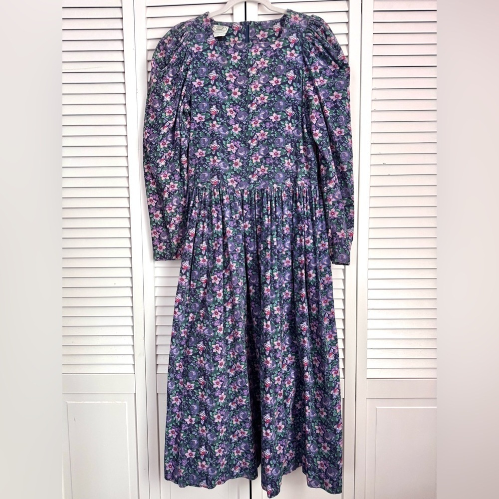 Laura Ashley Vintage Corduroy Puff Sleeve Floral Dress Cottagecore Purple 10